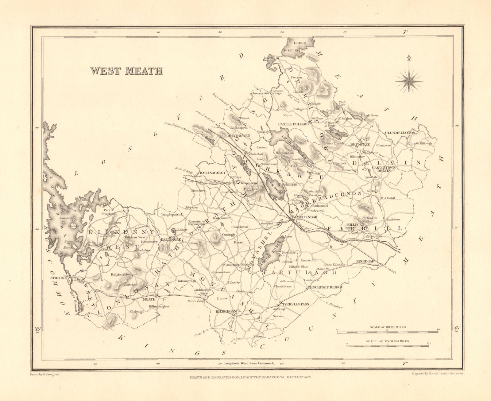 COUNTY WESTMEATH antique map for LEWIS by CREIGHTON & DOWER - Ireland 1846